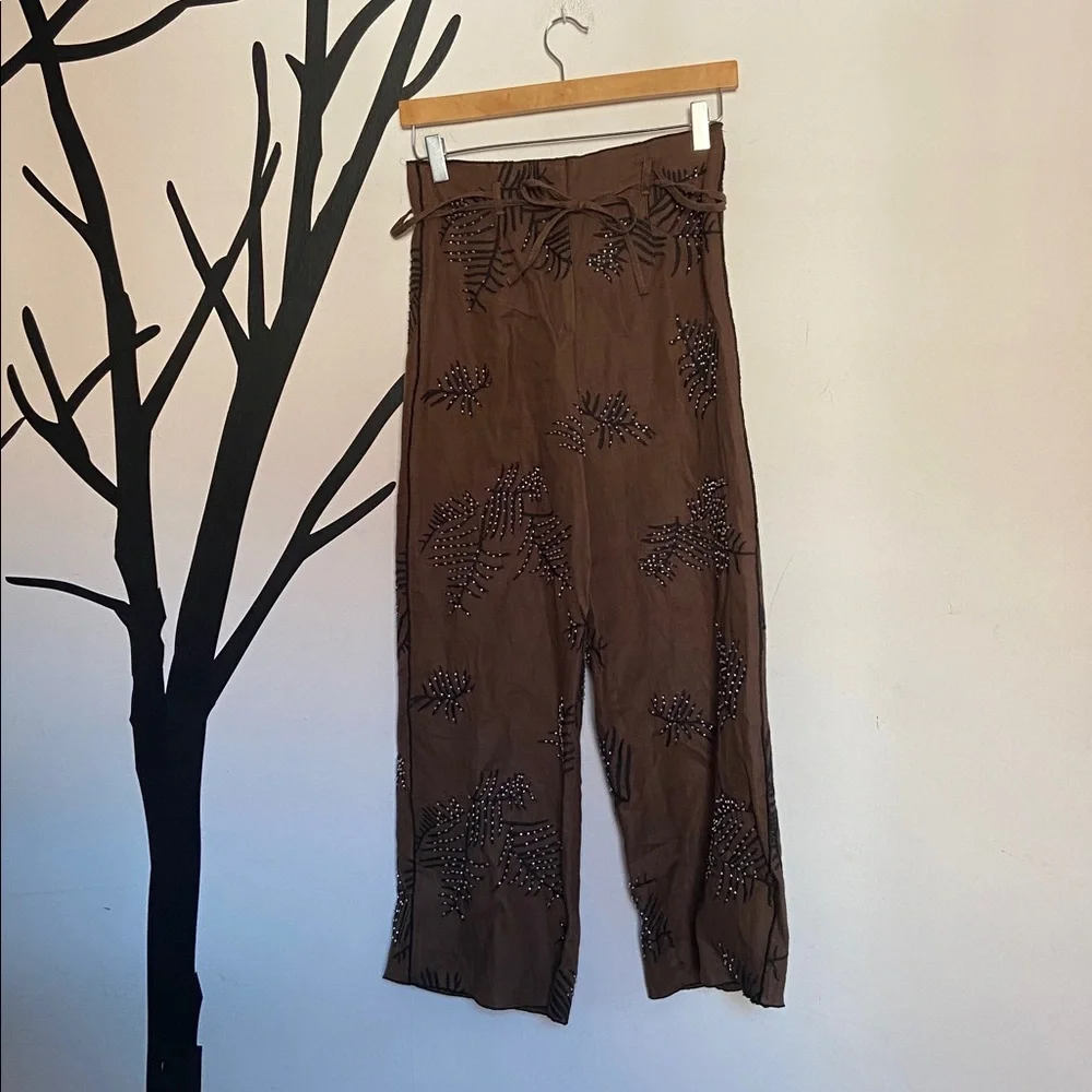 NWOT Zara ZW Collection embroidered hemp wide leg chocolate brown pants